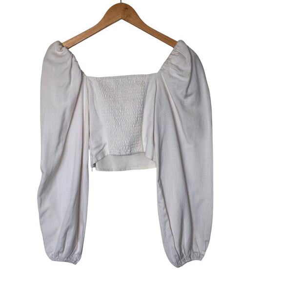 & Other Stories Puff Sleeve Fitted Cropped Top Smocked Back Ivory Milk Maid - Picture 3 of 12